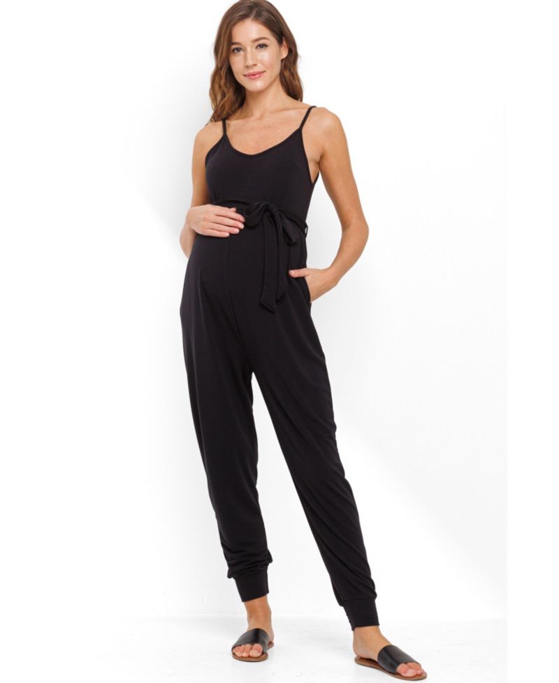 Maternity Sleeveless with Tie Waist and Adjustable Straps Jogger Jumpsuit