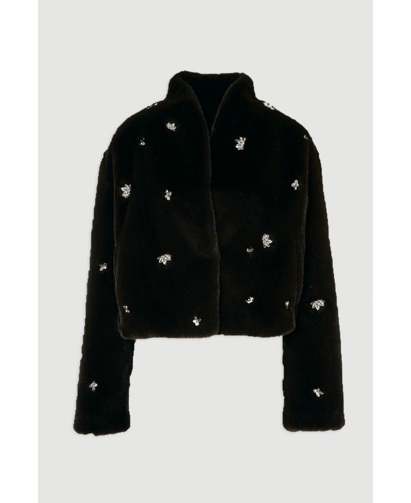 Women's Crystal Embellished Faux Fur Short Coat