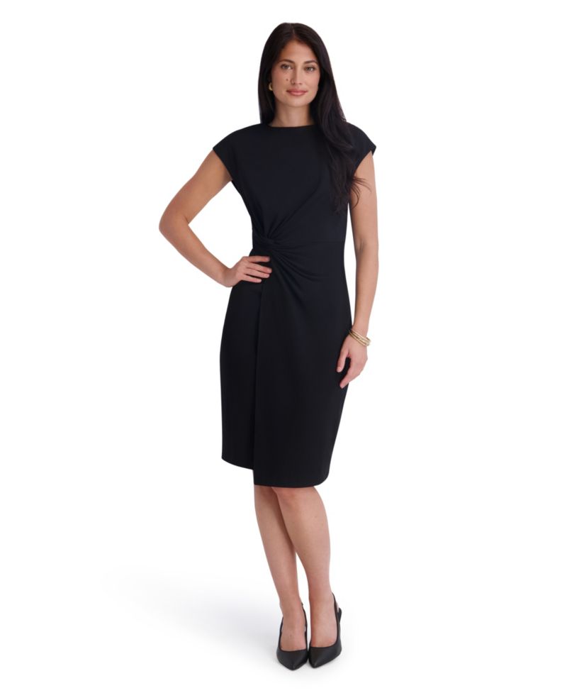 Women's Crepe Scuba Gathered Twist-Front Cap-Sleeve Dress