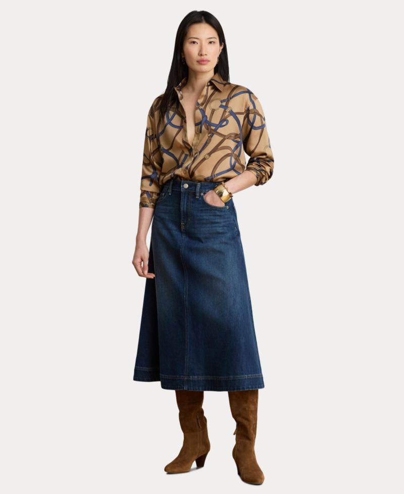 Women's A-Line High-Waisted Midi Denim Skirt