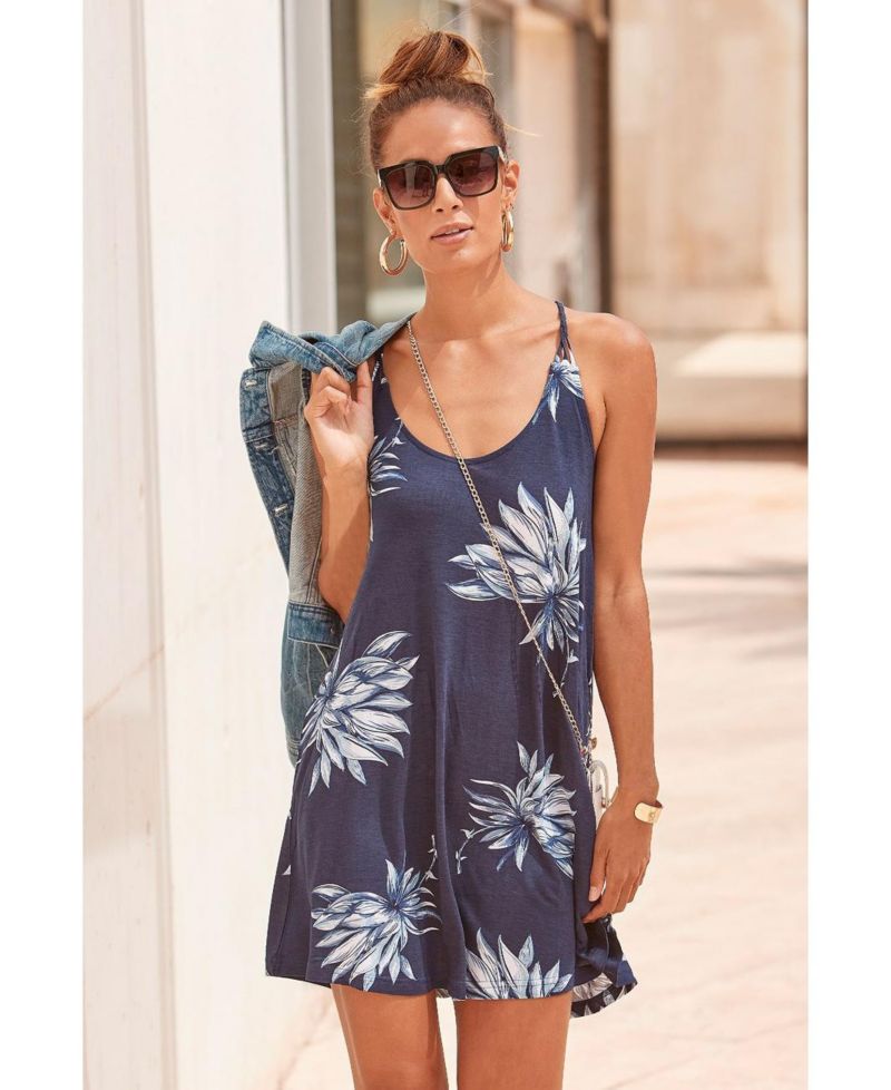 Women's Viscose Printed Beaded Strap A-Line Scoop-Neck Short Dress