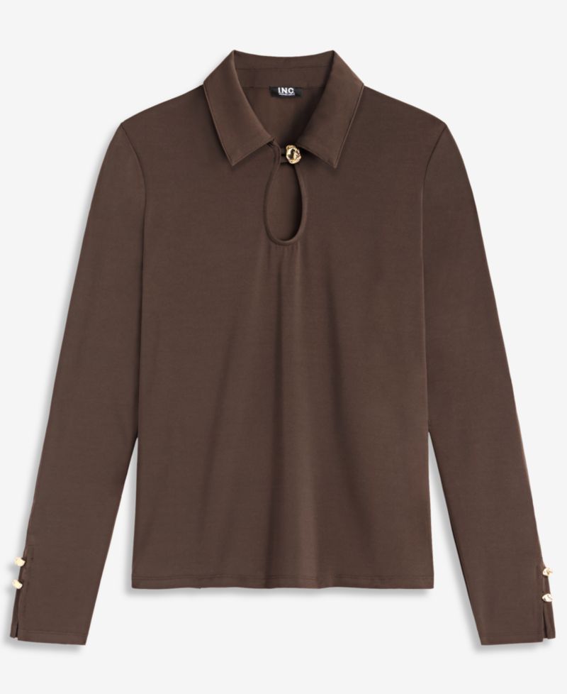 Petite Long-Sleeve Point-Collar Keyhole Neckline Blouse