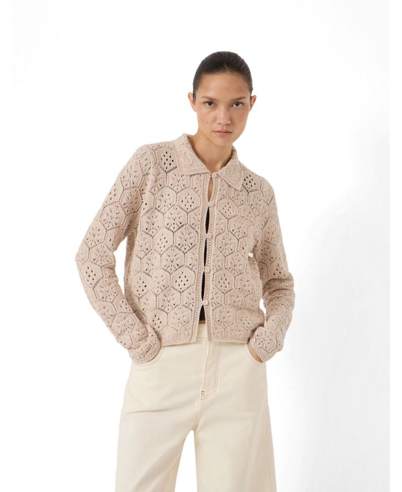 Women's Crochet Cropped Cotton Long-Sleeve Cardigan