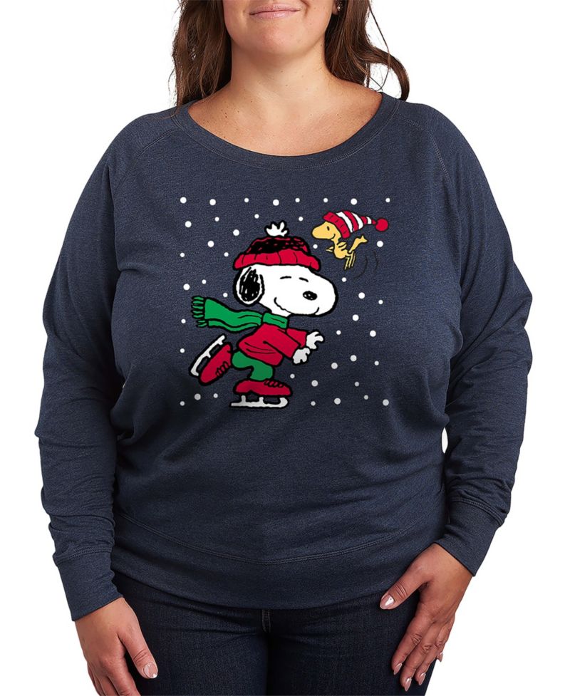 Plus Size Christmas Snoopy Woodstock Ice Skate French Terry Long Sleeve T-Shirt