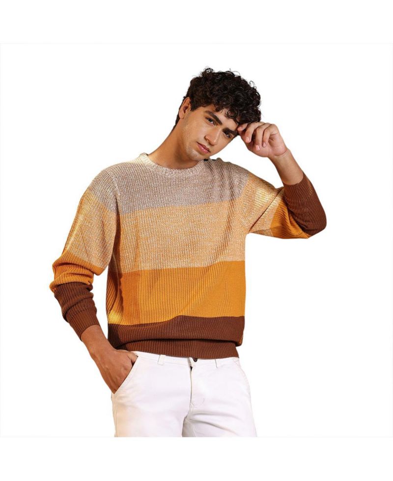 Men's Pumpkin Orange & Chocolate Brown Panel-Jacquard Knit Pullover Sweater