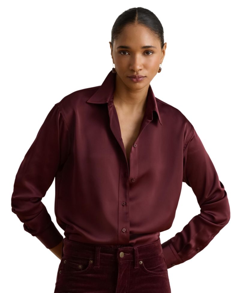 Petite Long-Sleeve Satin Blouse