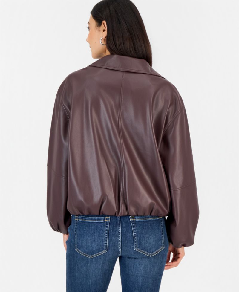 Petite Faux Leather Funnel-Neck Bomber Jacket