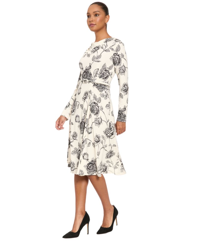 Women's Floral-Print Long-Sleeve Cowl Neck Midi Dress