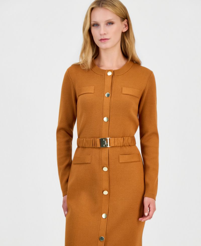 Women's Long-Sleeve Belted Sweater Dress