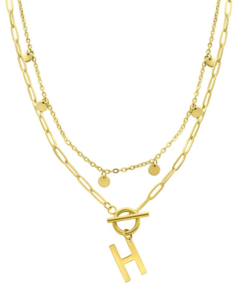 Tarnish Resistant 14K Gold-Plated Confetti and Paperclip Layered Initial Toggle Necklace