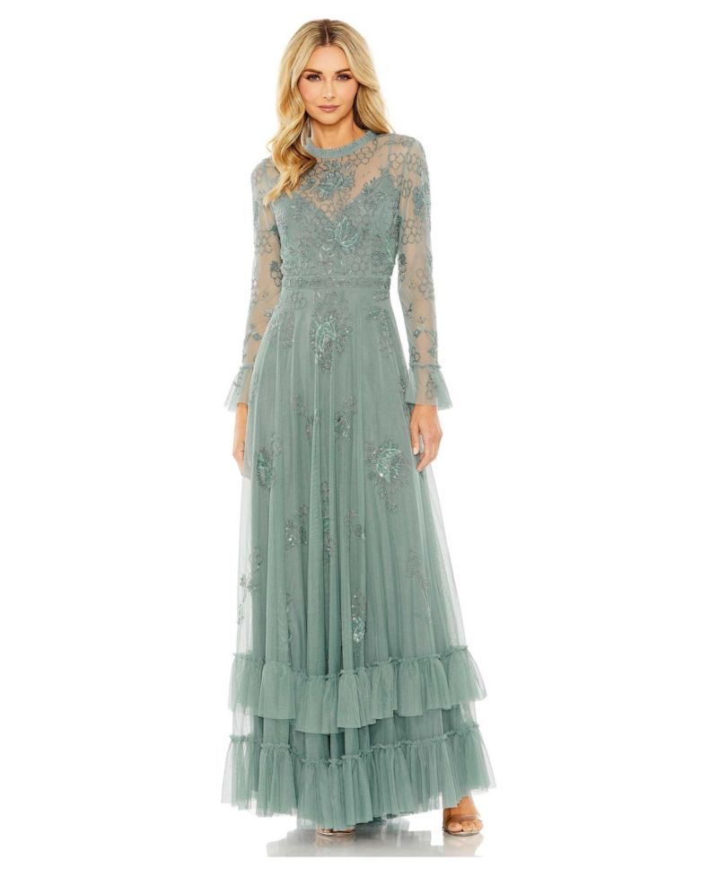 Petite Beaded Embroidered Long-Sleeve Gown