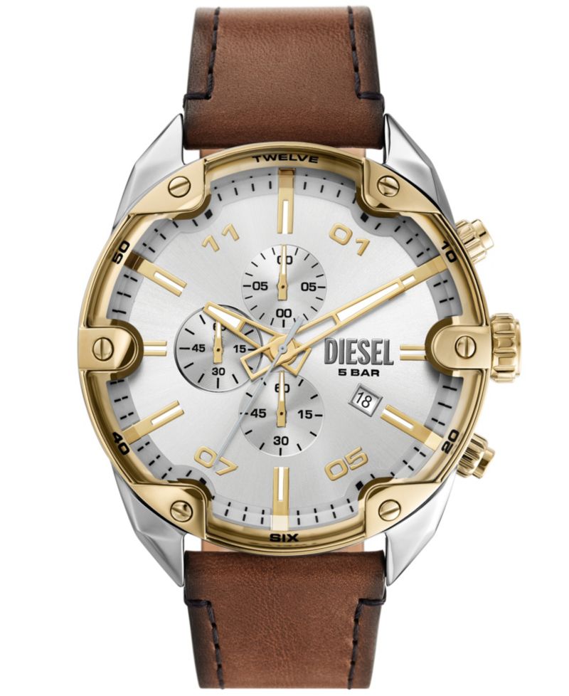 Men's Spiked Chronograph Brown Leather Watch 49mm