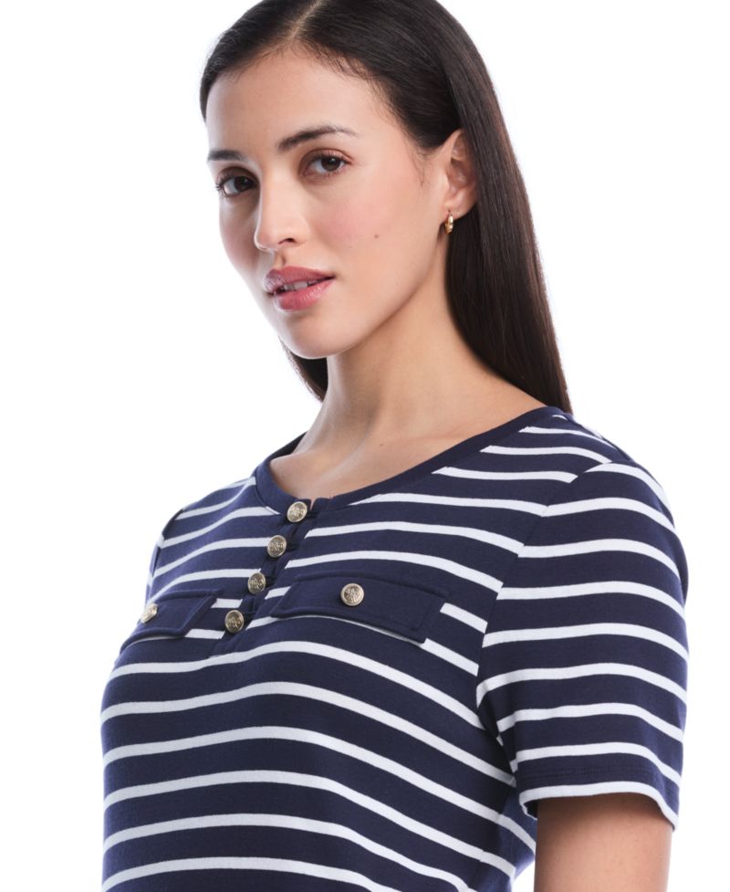 Petite Striped Welt Pocket Short-Sleeve Top