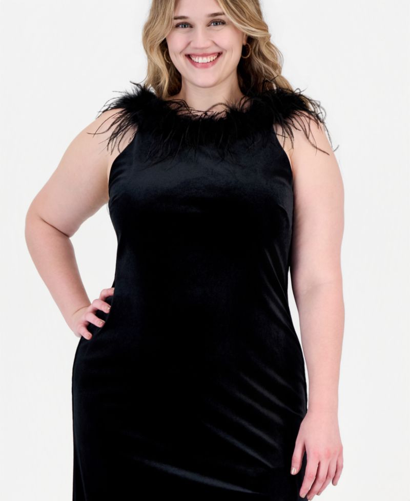 Plus Size Velvet High-Neck Feather Trim Gown