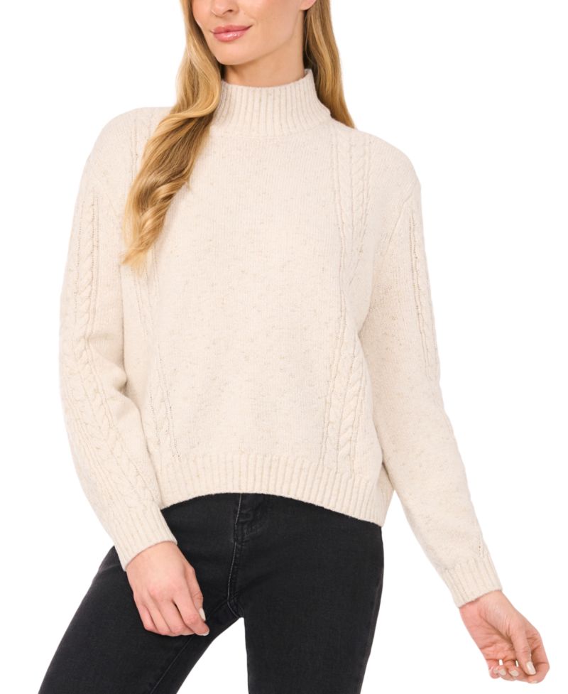 Women's Mock Neck Cable-Knit Drop-Shoulder Sweater