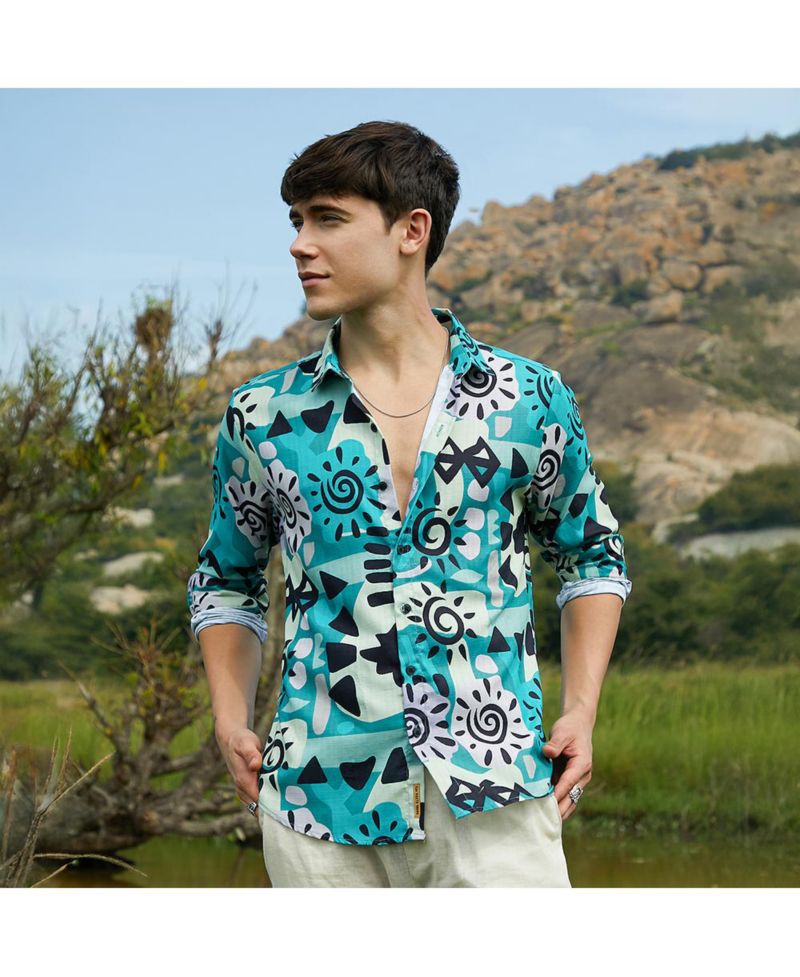 Men's Sea Green Abstract Imprint Shirt
