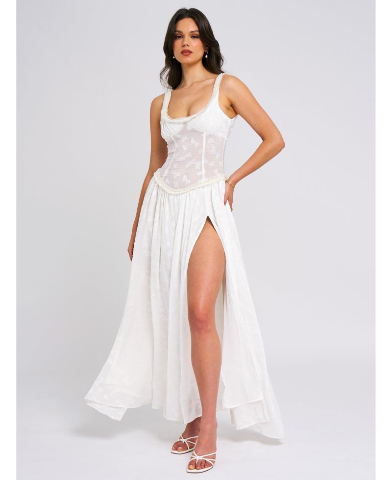 Women's Ulissa White Square Neck Jacquard Textured High Slit Maxi Dress
