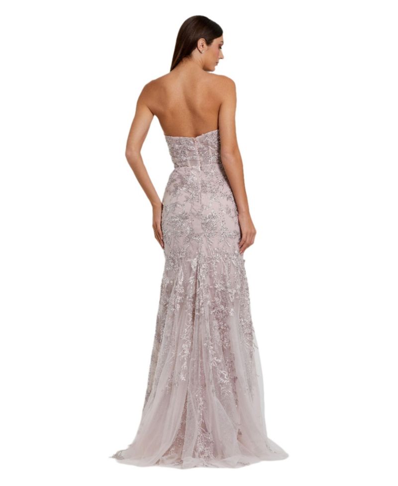 Women's Strapless Beaded Applique Mermaid Gown With Flower