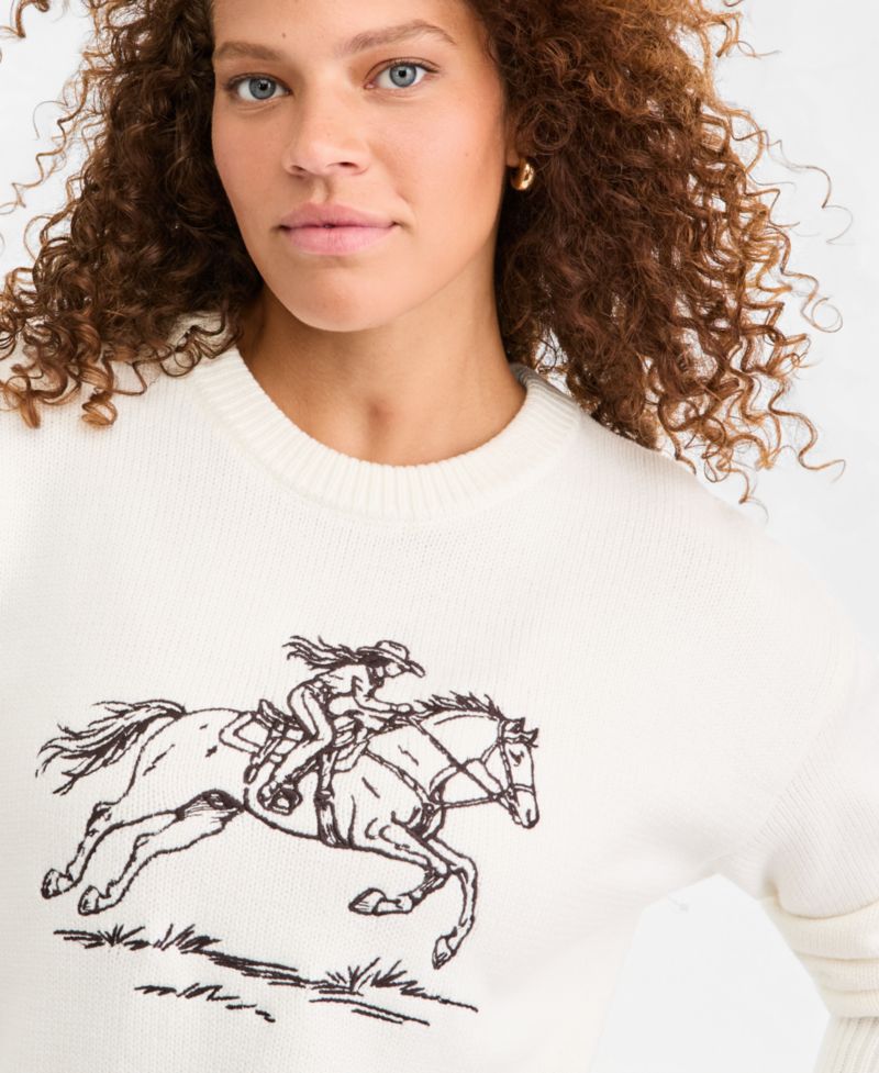 Women's Crewneck Embroidered Horse Long-Sleeve Sweater