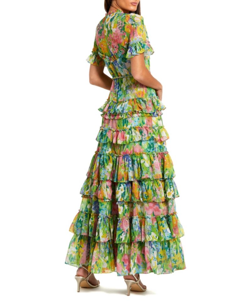 Women's Floral Printed Chiffon Tiered Ruffle Gown