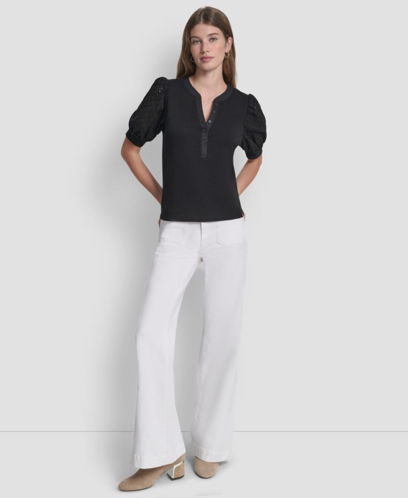 Petite Rib Body Eyelet V-Neck Top