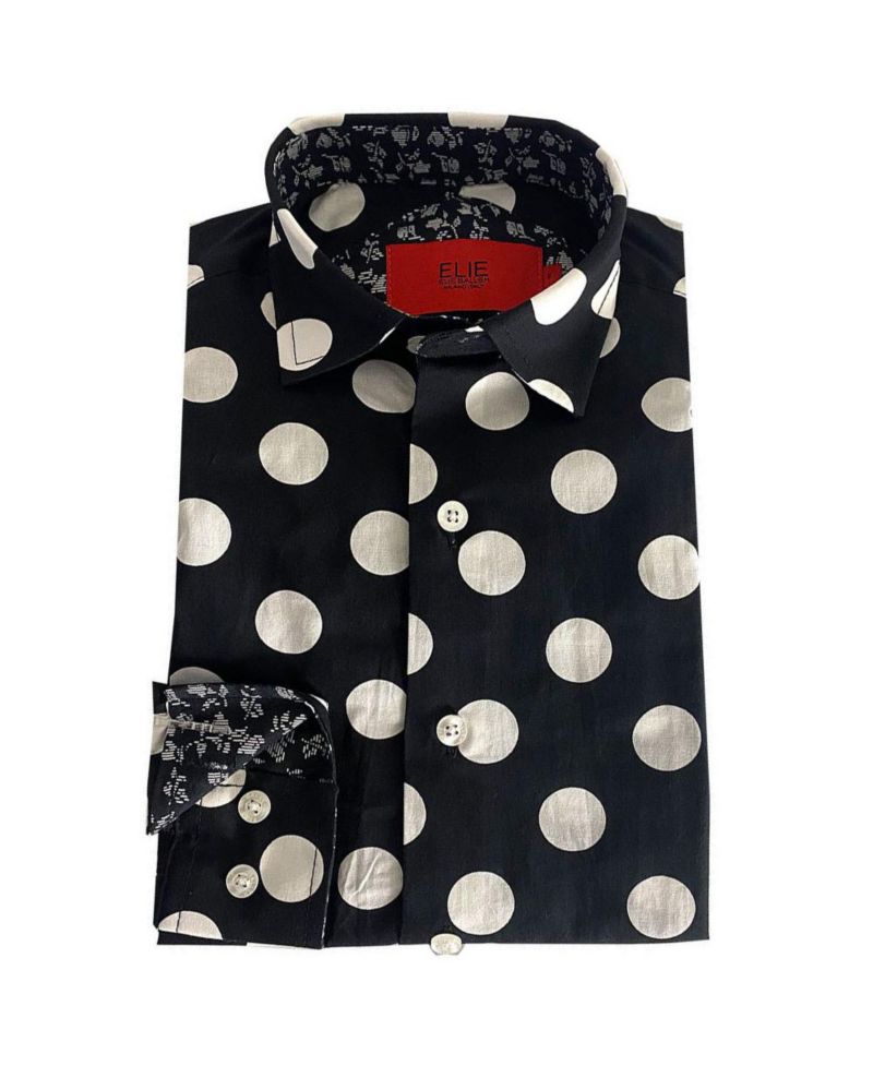 Little Boys Black Long Sleeve Navy Polka Dot Slim Fit Shirt