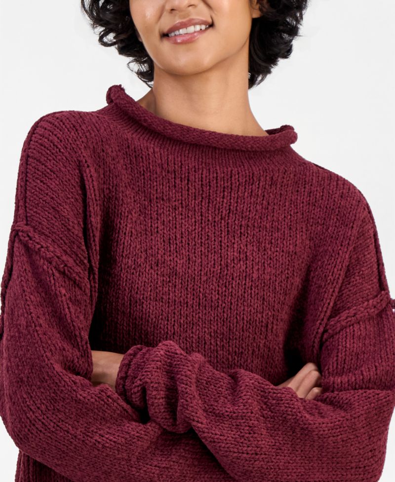 Juniors' Roll Mock Neck Chenille Long-Sleeve Sweater