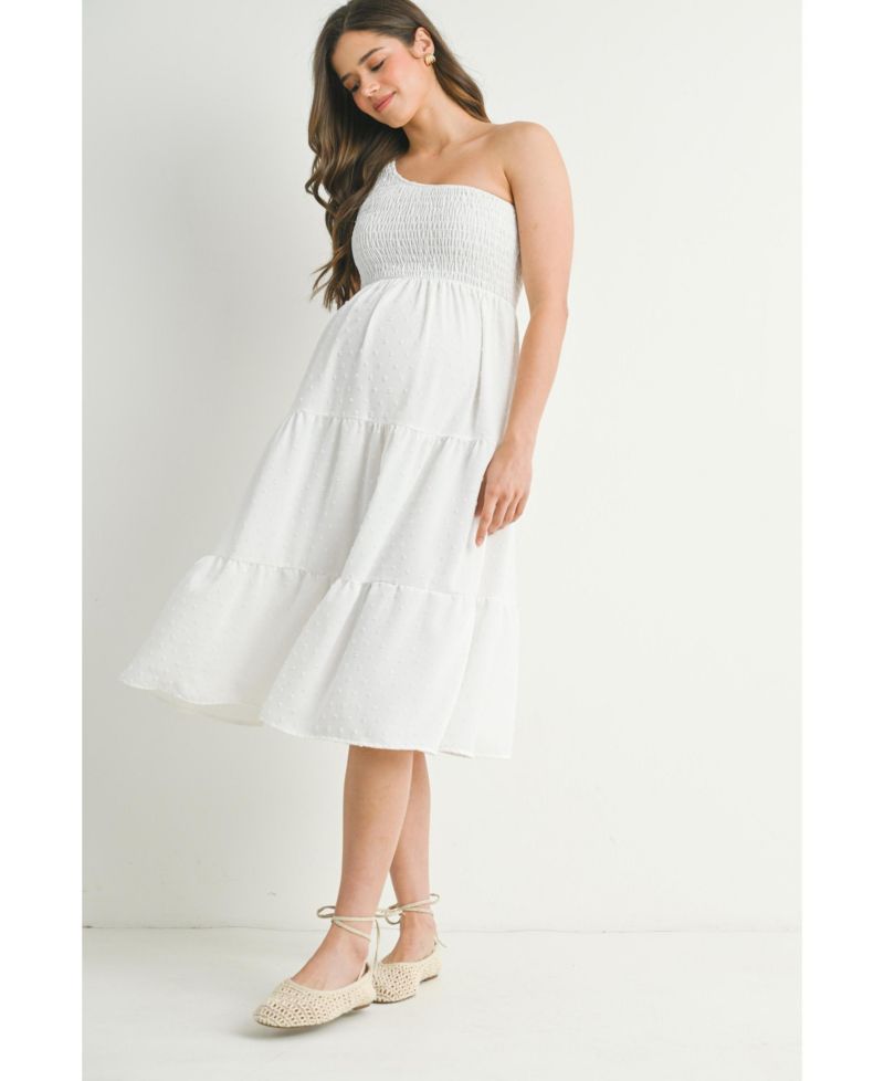 Women's One-Shoulder Smocked Swiss Dot Midi Dress