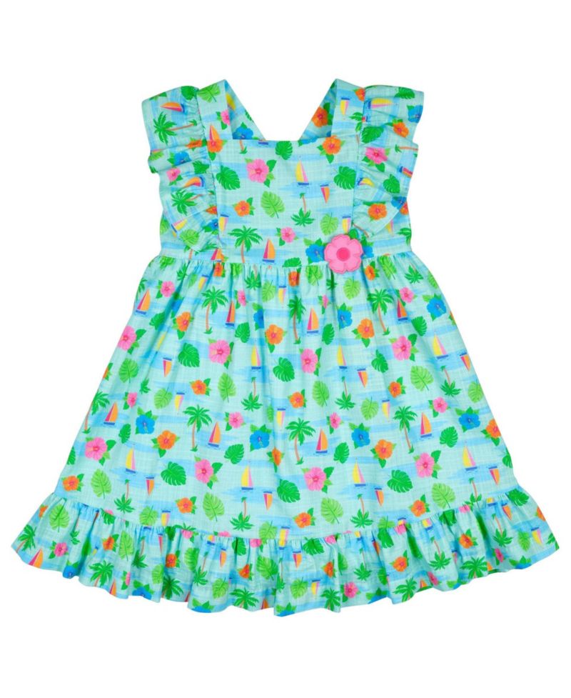 Little Girls Printed Linen Look Dress With Flower