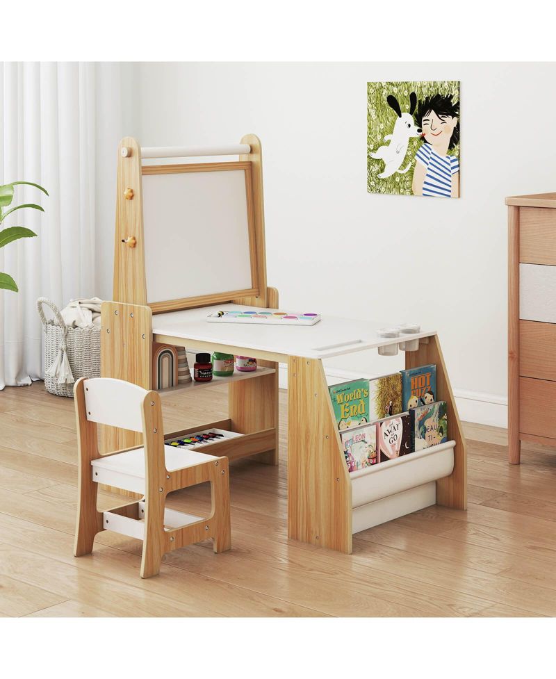 Kids Art Table and Chair Set with Easel Whiteboard Chalkboard Paper