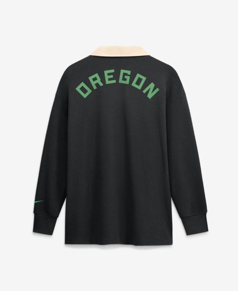 Women's Black Oregon Ducks Oversized Essential Dri-FIT Long Sleeve V-Neck Polo