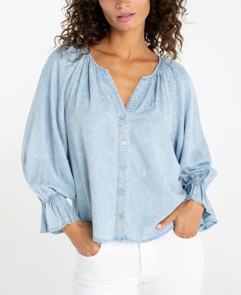 Petite Button-Front Shirred Woven Top