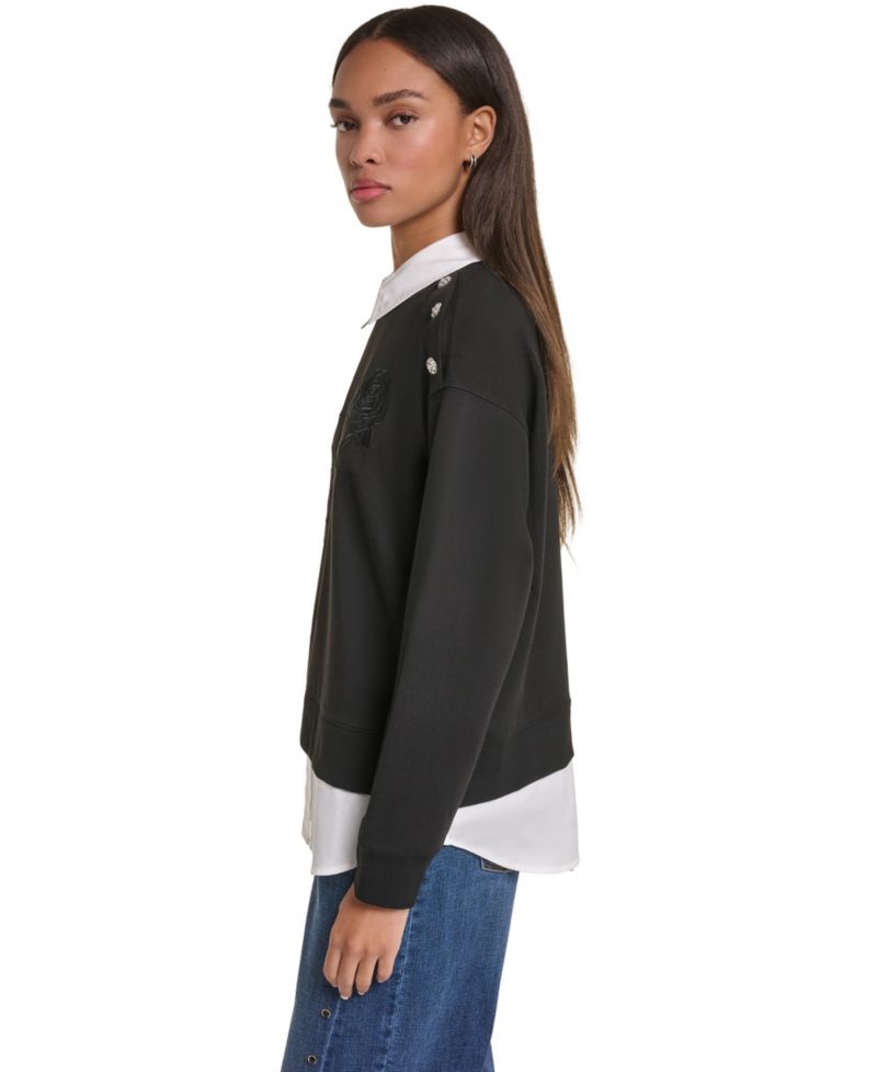 Petite Collared Twoffer Long-Sleeve Loose-Fit Pullover Sweater