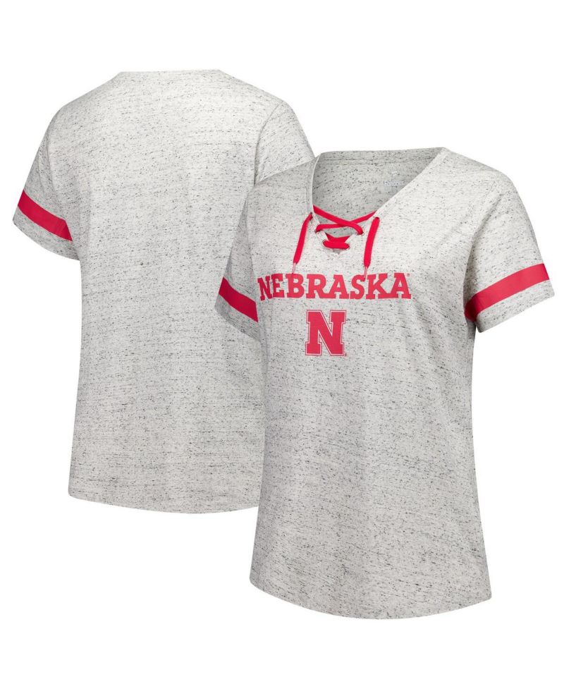 Women's Heather Gray Nebraska Huskers Plus Size Lace-Up V-Neck T-Shirt