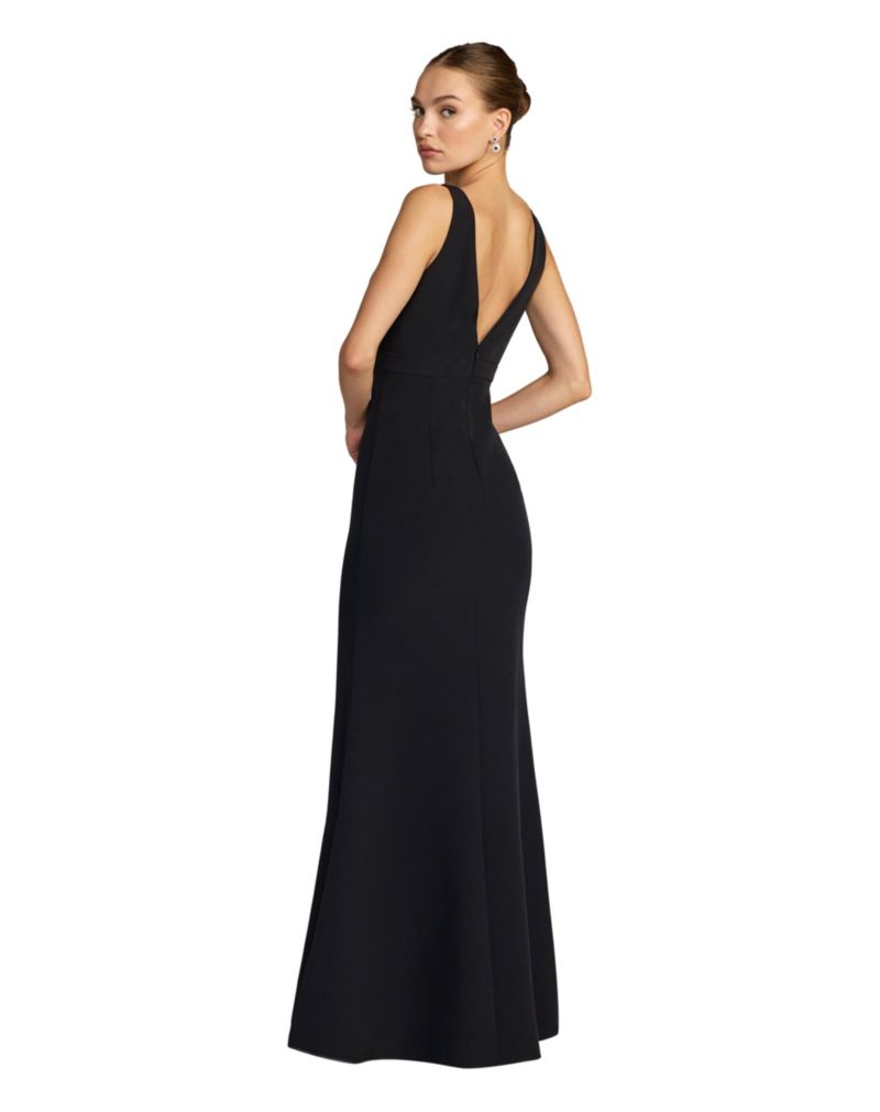Petite Crepe Sleeveless V Neck Sheath Gown With Bow