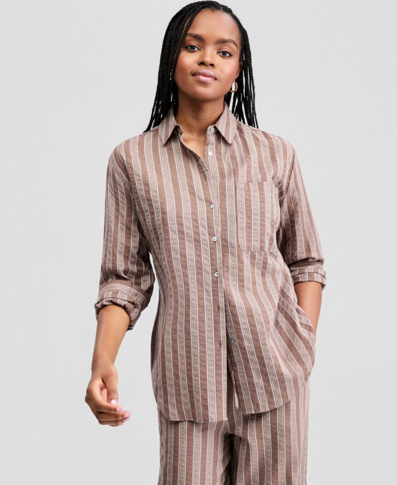 Petite Oversized Stripe Collared Shirt