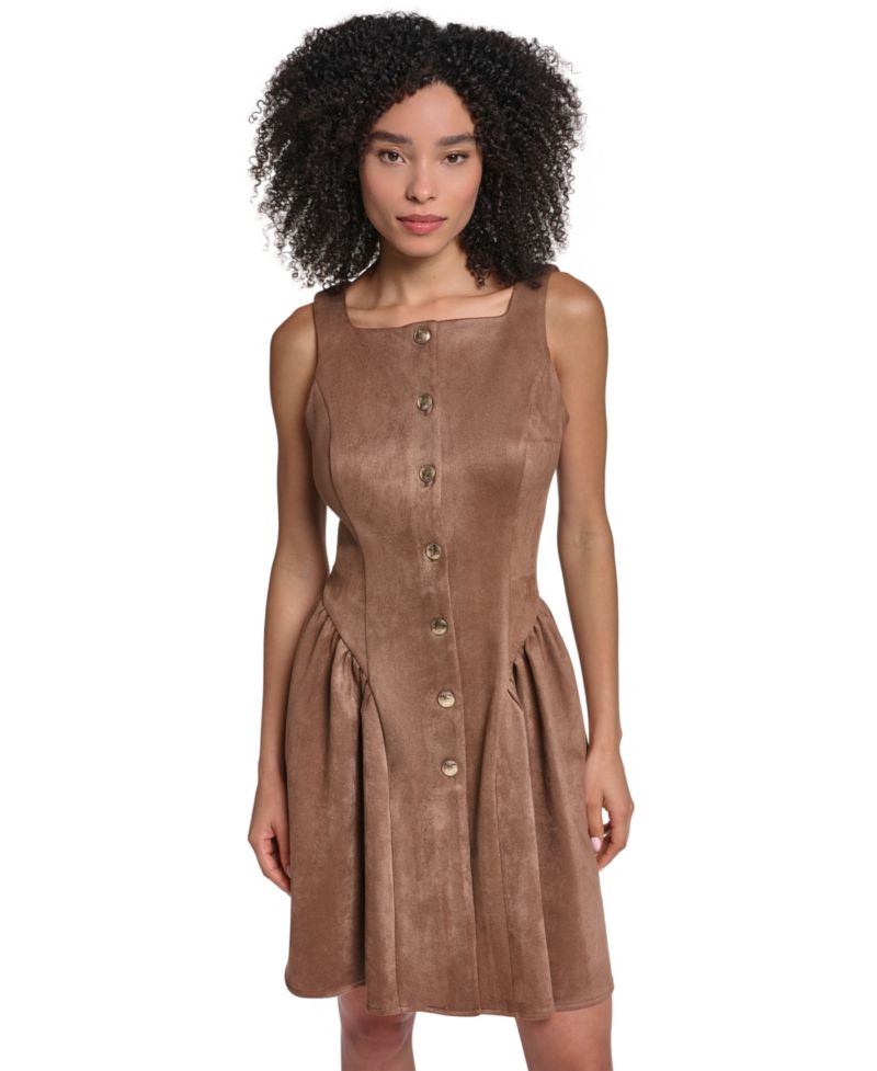 Women's Faux Suede Fit And Flare Midi Dress