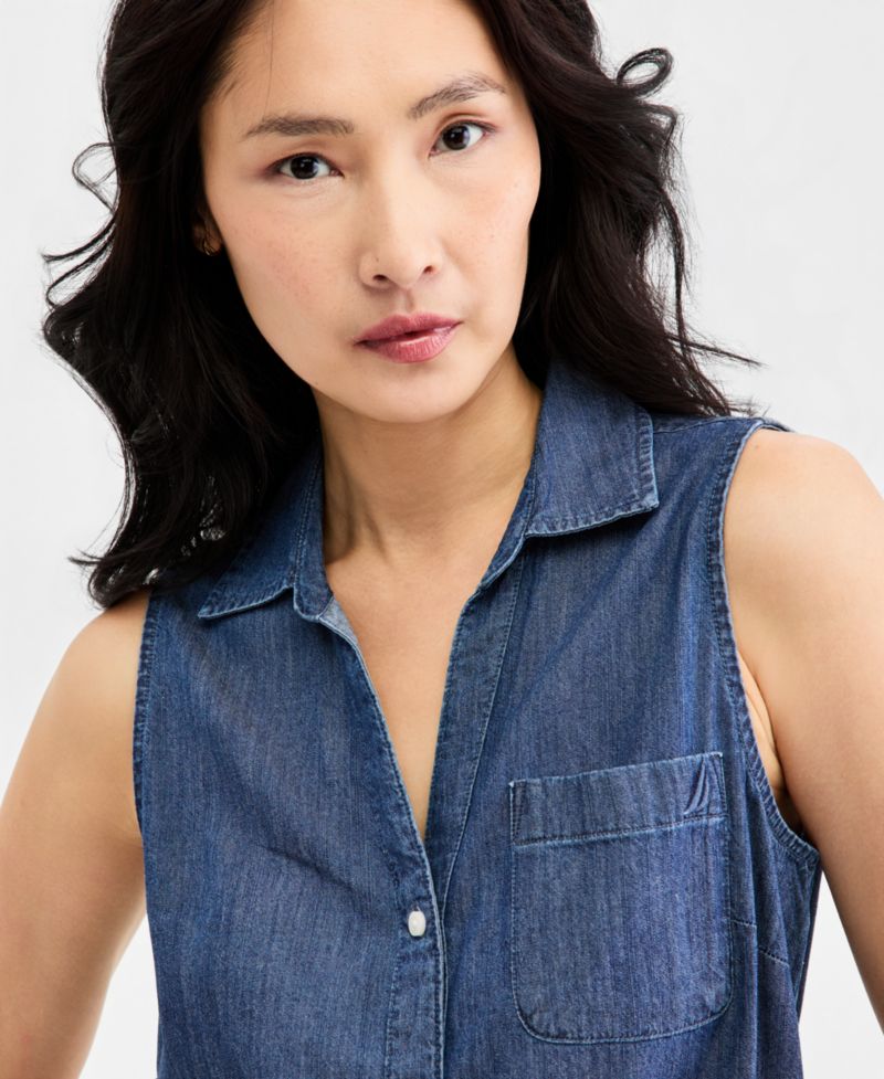 Women's Chambray Sleeveless Button-Front Top
