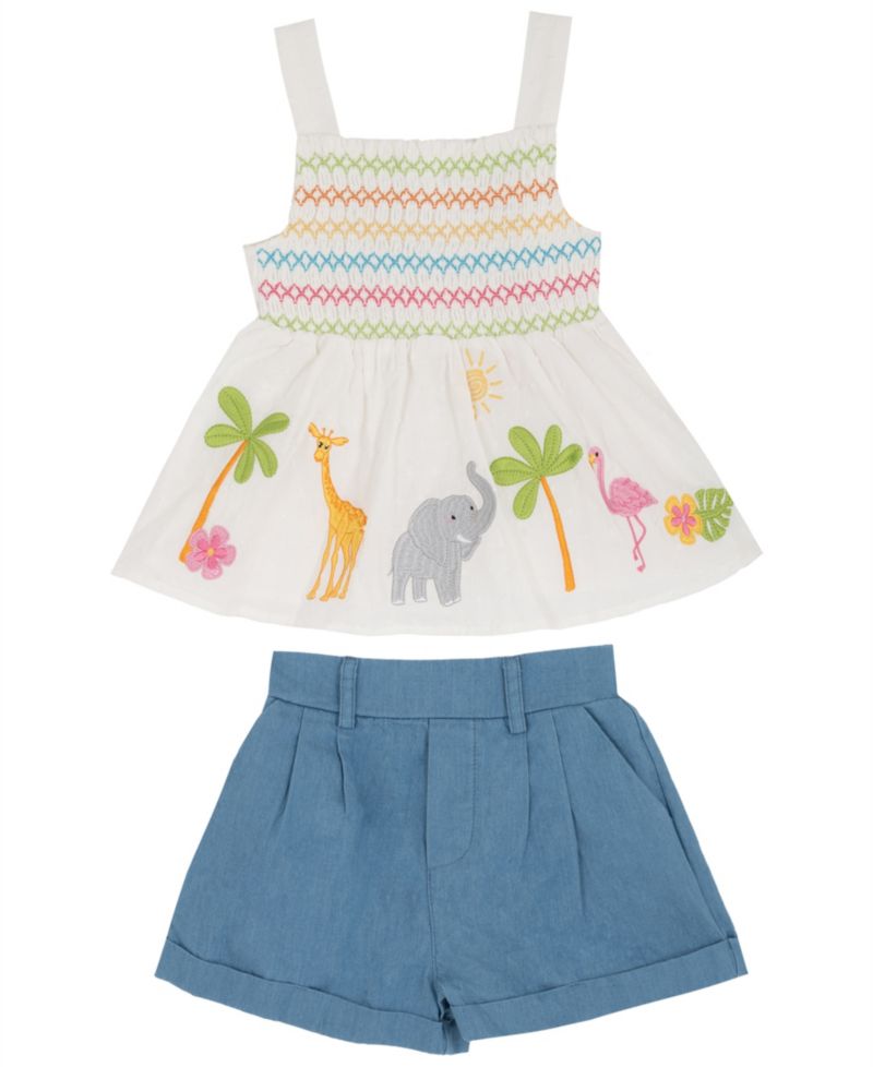 Baby Girls' Clipped Dot Animal Embroidered Top and Shorts, 2-Piece Set