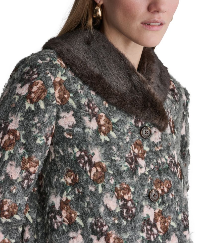 Women's Long-Sleeve Floral Faux-Fur Coat
