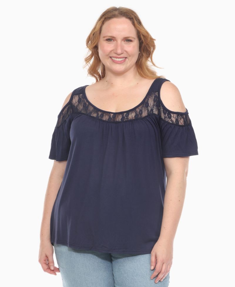 Plus Size Cold Shoulder Lace Trim Knit Top