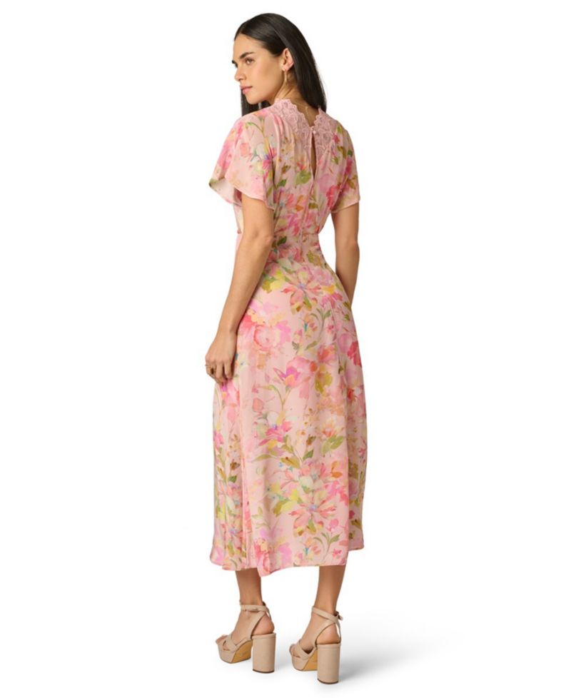Women's Printed V-Neck Lace Trimming Satin Dress
