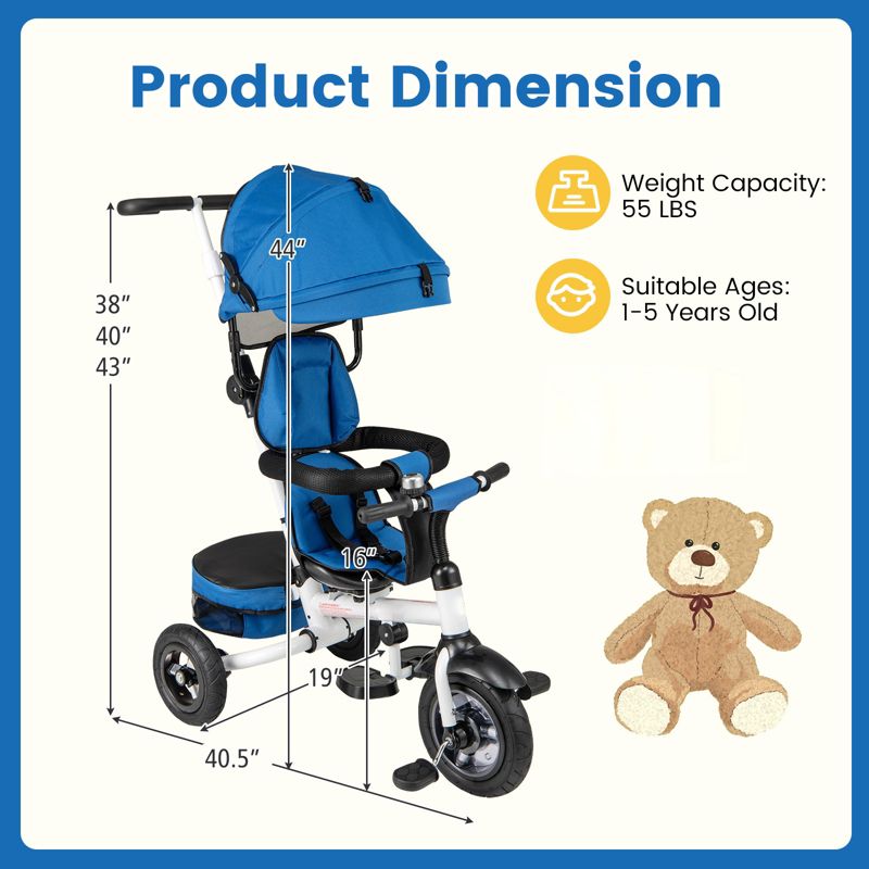 Foldable Tricycle Stroller for Toddlers with Adjustable Canopy and Seat
