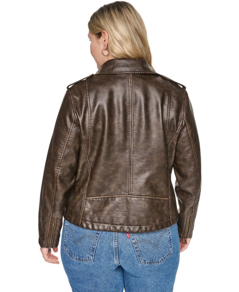 Plus Size Faux Leather Asymmetrical-Zipper Moto Jacket