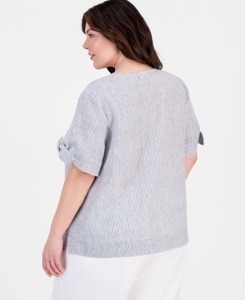 Plus Size 100% Linen Split-Neck Tie-Cuff Top