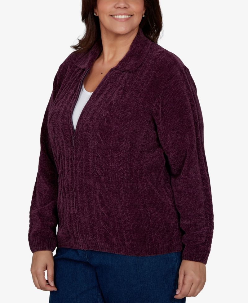 Plus Size Cable-Knit Chenille Full-Zip Cardigan