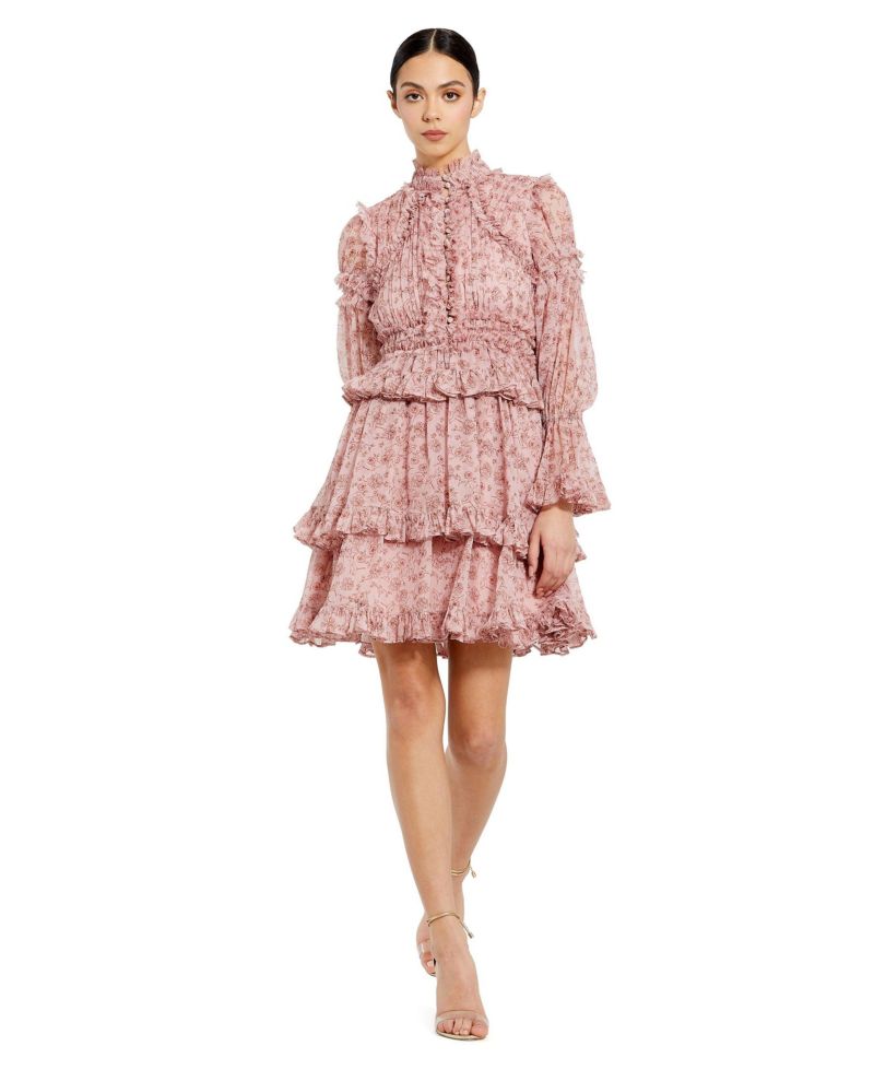 Women's Long Sleeve Open Front High Neck Ruffle Mini Dress