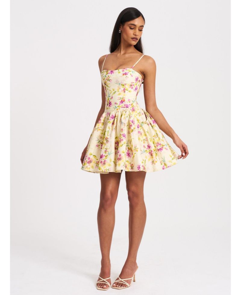 Women's Valda Yellow and Pink Print Linen Mini Dress with Pockets