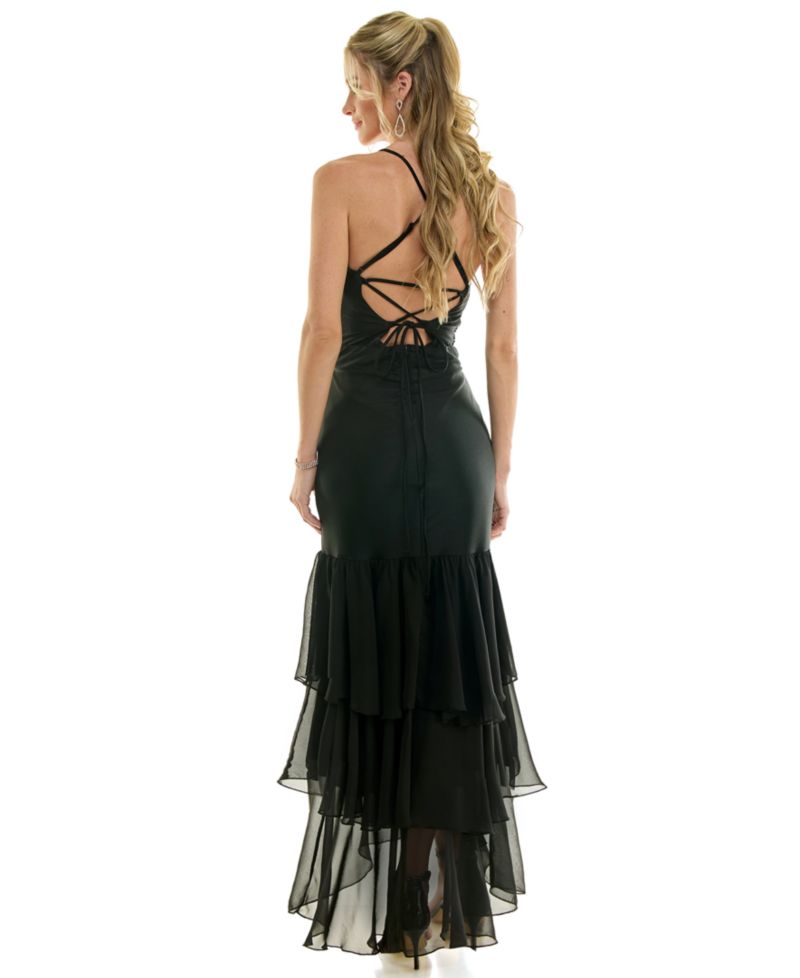Juniors' Flowy Tiered Ruffle Open-Back Gown