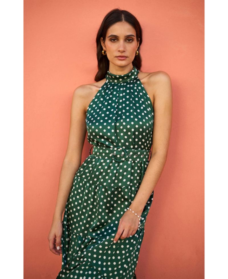 Women's Spot Print Halter Midi Dress